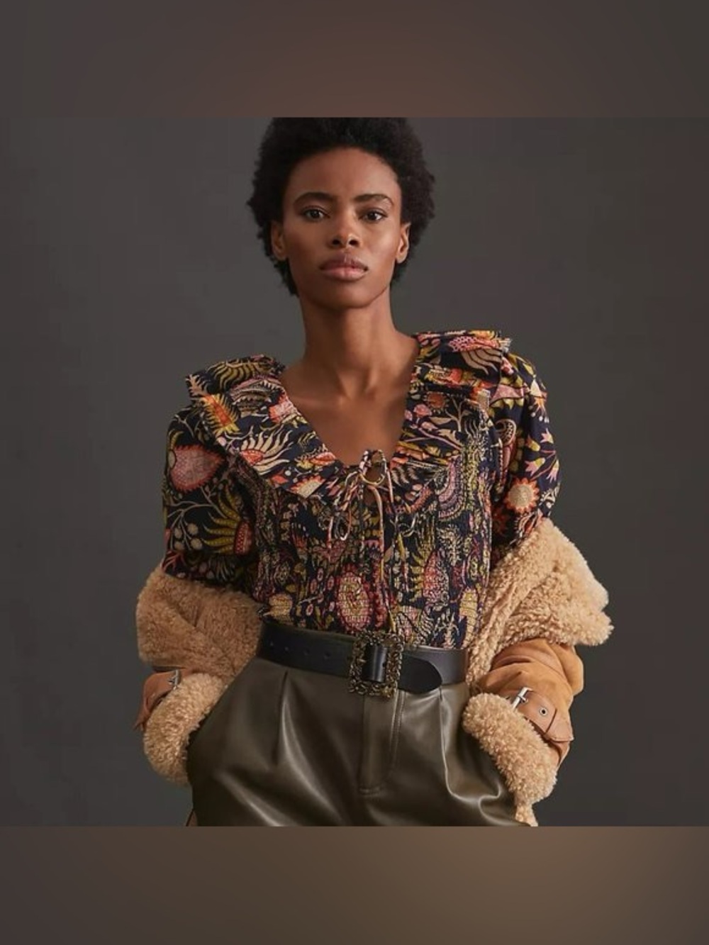 Smocked Floral V-Neck Blouse in Black with Multicolor Print